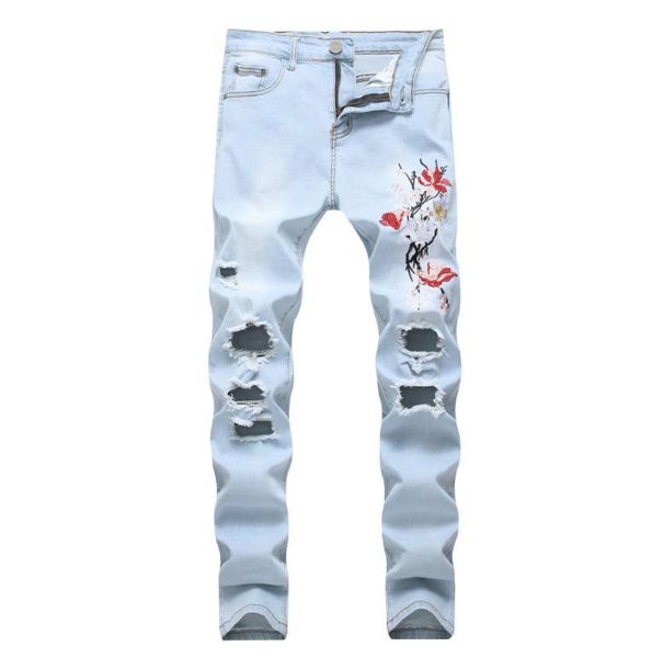men's jeans mens light blue ripped rose flower embroidery hole stretch denim straight destroyed fashion pants for men size 40 42men
men's jeans mens light blue ripped rose flower embroidery hole stretch denim straight destroyed fashion pants for men size 40 42men
