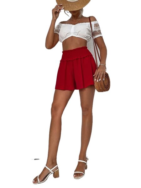 shirred waist frill trim shorts v5fa#, White;black
