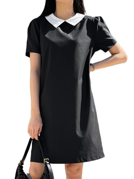 dazy-less contrast collar puff sleeve dress h0um#, Black;gray 
dazy-less contrast collar puff sleeve dress h0um#, Black;gray
