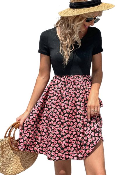floral high waist a-line dress s7cf#, Black;gray 
floral high waist a-line dress s7cf#, Black;gray