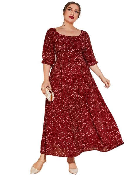 plus polka dot flounce sleeve scoop neck dress 98ye#, Black 
plus polka dot flounce sleeve scoop neck dress 98ye#, Black