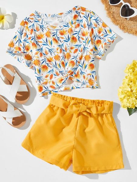 girls floral print twist tee & belted shorts she, White
girls floral print twist tee & belted shorts she, White
