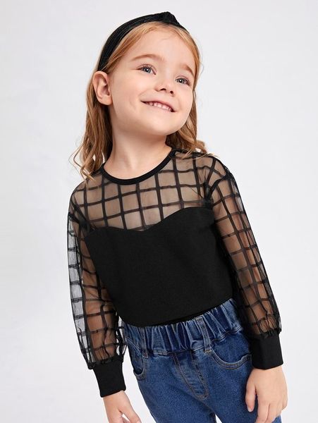 toddler girls grid sheer mesh sleeve and yoke she, White;black
toddler girls grid sheer mesh sleeve and yoke she, White;black