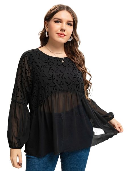 plus plant print lantern sleeve peplum hem blouse k9k1#, Black 
plus plant print lantern sleeve peplum hem blouse k9k1#, Black