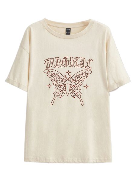 x la luz butterfly & letter graphic drop shoulder tee f177#, White
x la luz butterfly & letter graphic drop shoulder tee f177#, White