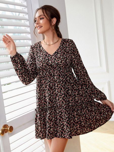 ditsy floral ruffle hem smock dress e0ve#, Black;gray
