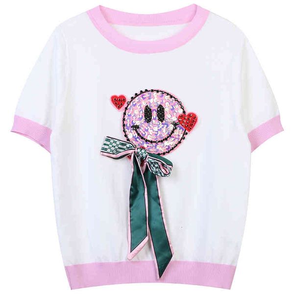 women's sweaters summer t-shirt women's color contrast stripe smiling face with diamond sequin embroidery sweet aging round neck s, White;black
women's sweaters summer t-shirt women's color contrast stripe smiling face with diamond sequin embroidery sweet aging round neck s, White;black