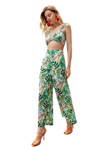 tropical print buckled ruffle trim crop tank & pants s9no#, White
