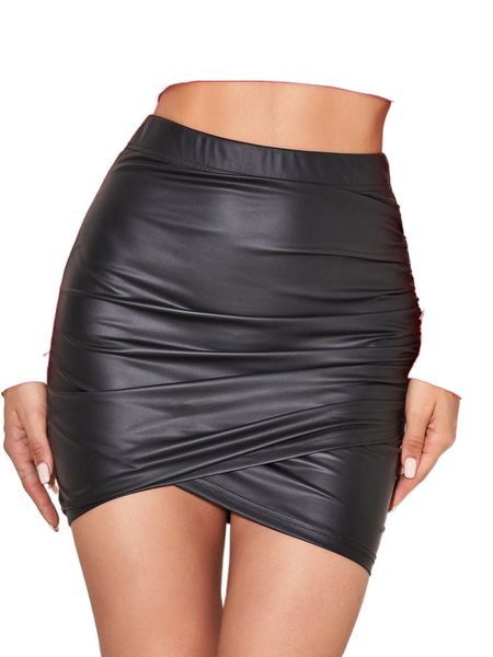 faux leather crisscross ruched skirt 98nj#, Black