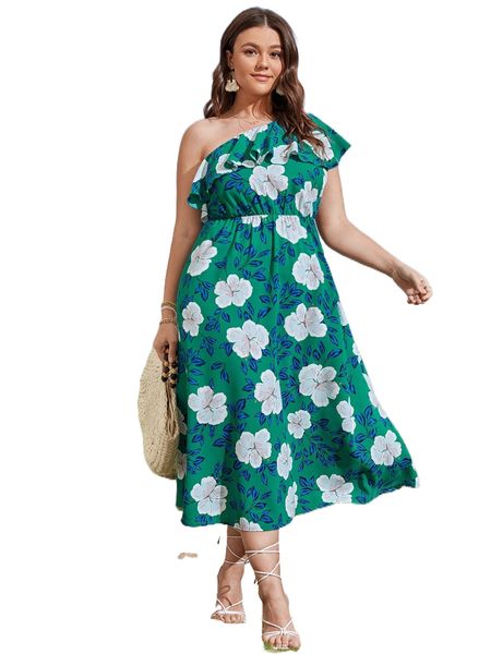 plus floral print ruffle trim one shoulder dress i0lv#, Black 
plus floral print ruffle trim one shoulder dress i0lv#, Black