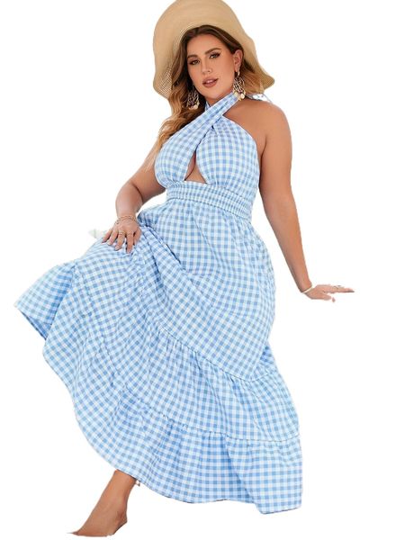 plus gingham shirred waist ruffle hem tie backless halter dress 27cj#, Black 
plus gingham shirred waist ruffle hem tie backless halter dress 27cj#, Black