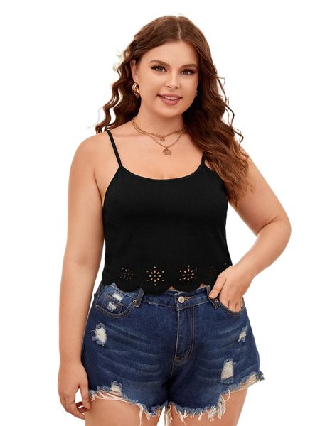 plus laser cut out scallop trim crop cami p5qx#, Black 
plus laser cut out scallop trim crop cami p5qx#, Black