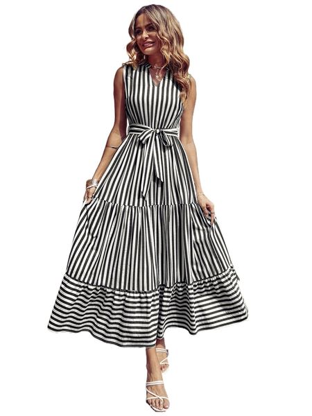 striped notched neck ruffle hem belted dress g2xc#, Black;gray
striped notched neck ruffle hem belted dress g2xc#, Black;gray