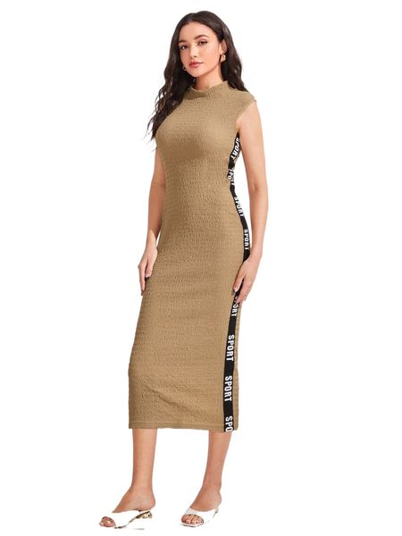 mock neck contrast letter tape bodycon dress 55oi#, Black;gray