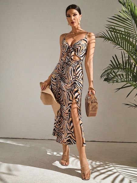 zebra striped print peekaboo front tie front split thigh cami dress s0bu#, Black;gray
zebra striped print peekaboo front tie front split thigh cami dress s0bu#, Black;gray