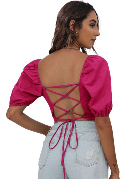 lace up backless puff sleeve q1nn#, White