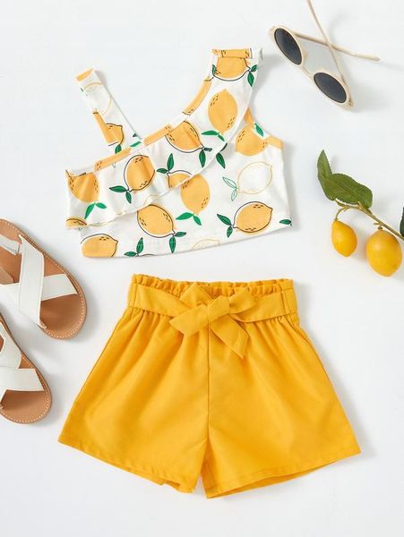 little girl lemon pattern ruffle asymmetric collar and belt shorts she, White
little girl lemon pattern ruffle asymmetric collar and belt shorts she, White