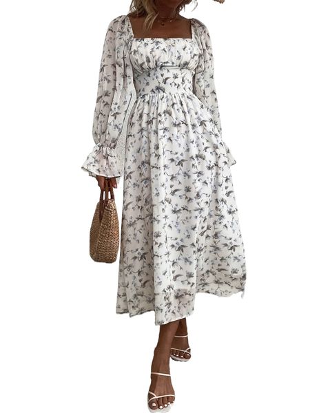 allover print square neck flounce sleeve dress y10a#, Black;gray 
allover print square neck flounce sleeve dress y10a#, Black;gray