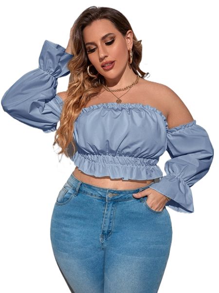 plus off shoulder flounce sleeve frilled blouse c5sh#, Black