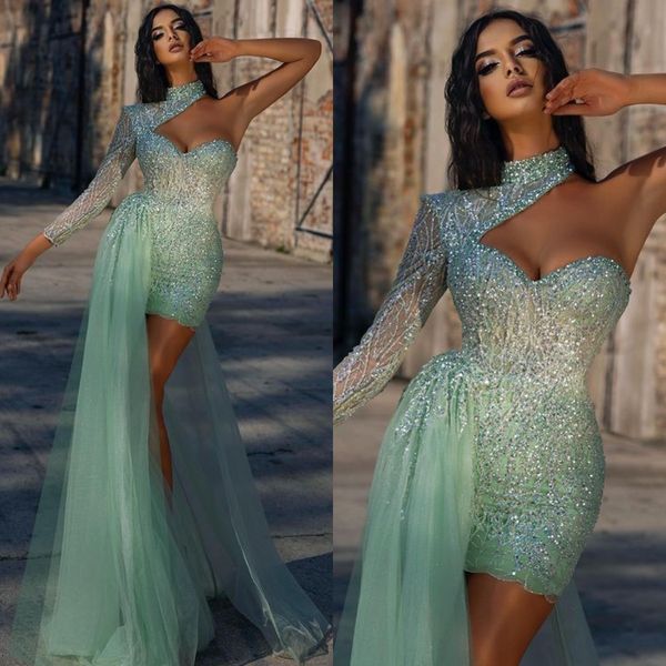 sparkly short prom dresses with detachable train high neck singer long sleeve beading evening dress formal party dress, Black
sparkly short prom dresses with detachable train high neck singer long sleeve beading evening dress formal party dress, Black
