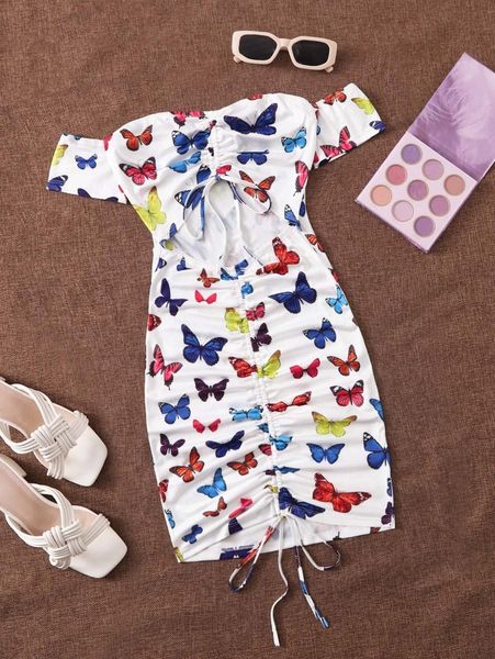 allover butterfly print off shoulder cutout drawstring ruched front dress r1ib#, Black;gray
allover butterfly print off shoulder cutout drawstring ruched front dress r1ib#, Black;gray