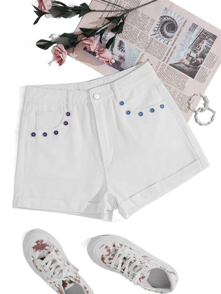 button detail rolled hem shorts e14a#, White;black 
button detail rolled hem shorts e14a#, White;black
