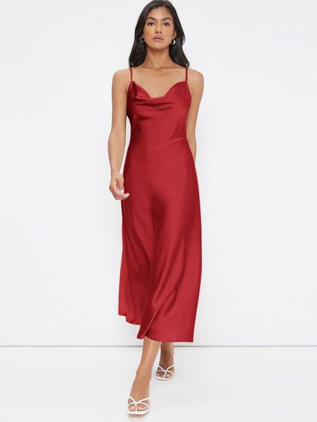 cowl neck solid slip dress 21lp#, Black;gray