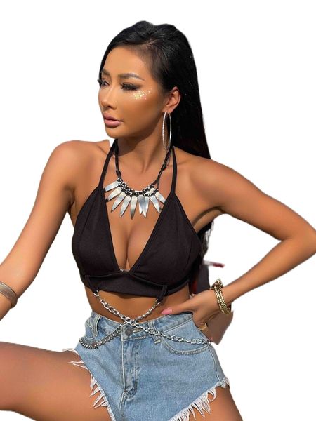chain detail tie backless crop halter d4t6#, White