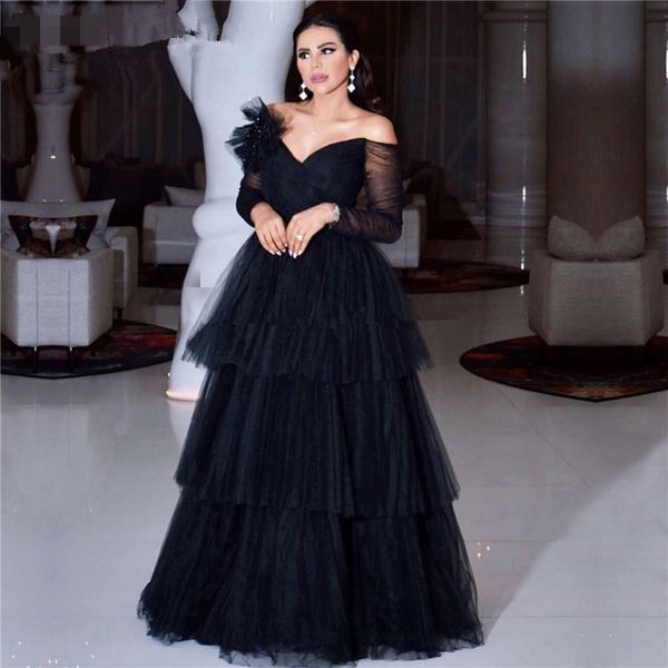 black muslim evening dresses 2022 a-line v-neck long sleeves tulle tiered dubai saudi arabic prom gowns vestidos formales, Black;red
black muslim evening dresses 2022 a-line v-neck long sleeves tulle tiered dubai saudi arabic prom gowns vestidos formales, Black;red