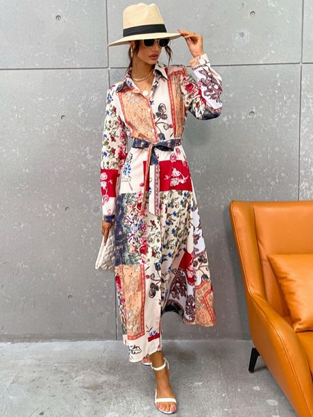 floral scarf print belted shirt dress e2eg#, Black;gray 
floral scarf print belted shirt dress e2eg#, Black;gray