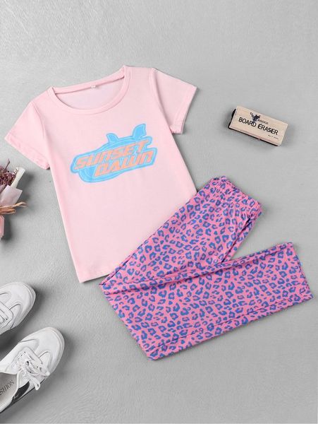 girls letter graphic tee & leopard print leggings she, White
girls letter graphic tee & leopard print leggings she, White