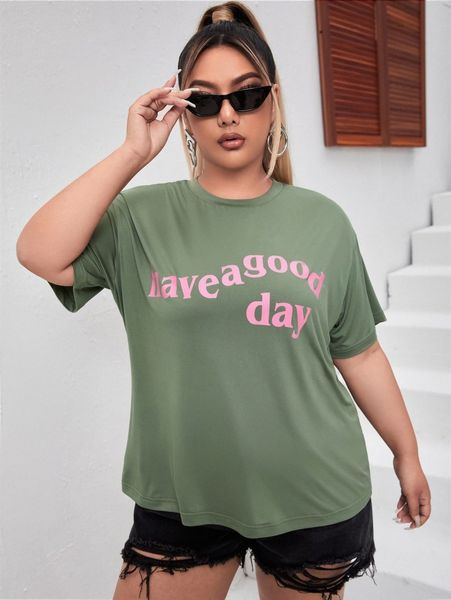 plus slogan graphic drop shoulder tee s97b#, Black