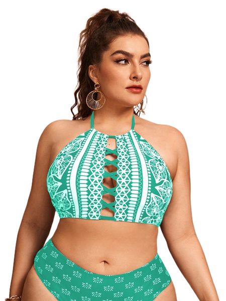 plus mixed pattern cut out halter bikini r7ae#, Black