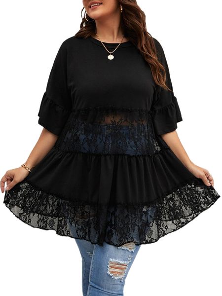 plus lace insert flounce sleeve peplum tee 42sr#, Black