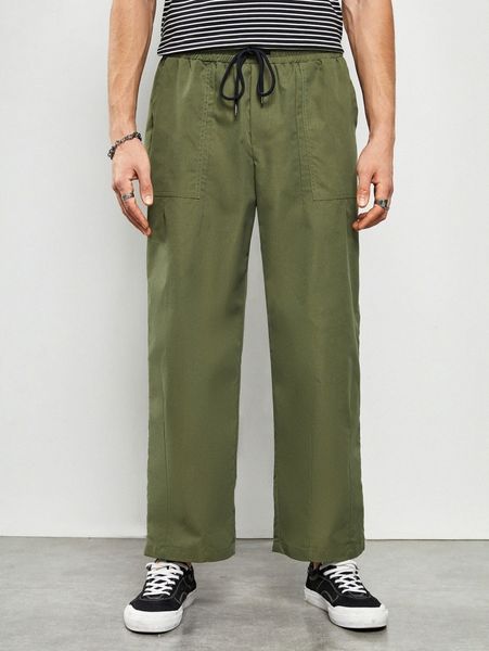 men drawstring waist patched pocket pants v3ka#, Black 
men drawstring waist patched pocket pants v3ka#, Black