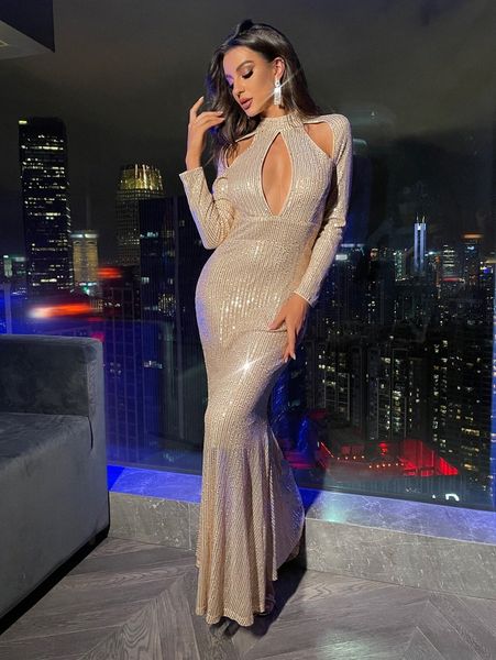 mock neck cut out backless sequin prom dress y8i3#, Black;gray