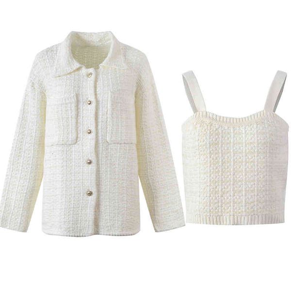 women's knits tees spring women's dress french tweed knitted cardigan single breasted shirt collar sling two-piece set wkt8, White
women's knits tees spring women's dress french tweed knitted cardigan single breasted shirt collar sling two-piece set wkt8, White