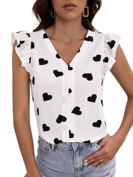 heart print butterfly sleeve blouse n90j#, White 
heart print butterfly sleeve blouse n90j#, White