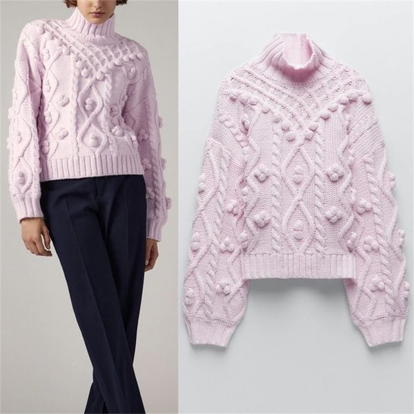 fall za pink knitted woman sweaters with pompoms turtleneck oversized cropped sweater women long sleeve ribbed trim pullover 201223, White;black
fall za pink knitted woman sweaters with pompoms turtleneck oversized cropped sweater women long sleeve ribbed trim pullover 201223, White;black
