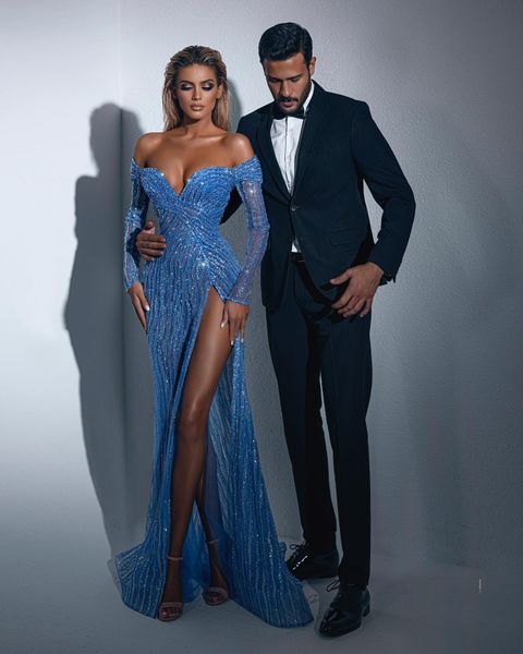 split blue mermaid prom dresses off the shoulder long sleeve beaded sequined women formal evening gowns custom made vestido de novia, Black
split blue mermaid prom dresses off the shoulder long sleeve beaded sequined women formal evening gowns custom made vestido de novia, Black