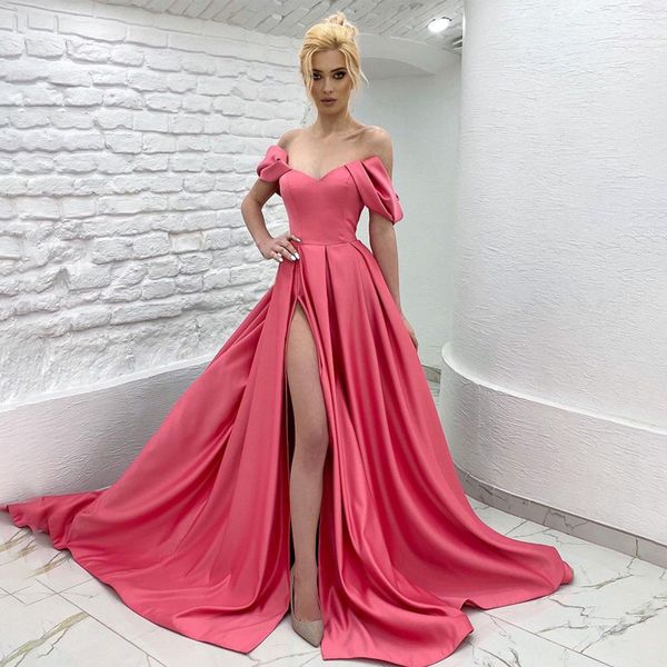 long sweep train satin prom dresses off shoulder high side split evening party women wear zipper back robe de soiree, Black
long sweep train satin prom dresses off shoulder high side split evening party women wear zipper back robe de soiree, Black
