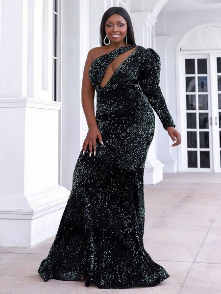 seomiscky plus cut out front one shoulder sequins dress q0q2#, Black