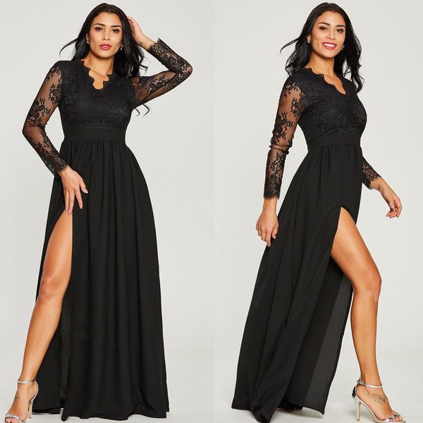 high split lace evening dress full sleeve illusion dubai women v neck wear custom made party prom formal gowns, Black;red
high split lace evening dress full sleeve illusion dubai women v neck wear custom made party prom formal gowns, Black;red