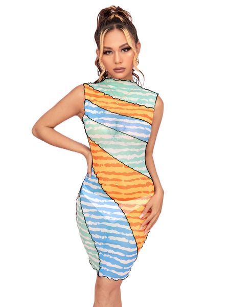 tie dye lettuce trim mock neck mesh bodycon dress u5uw#, Black;gray