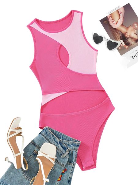 colorblock rib-knit wrap cut out bodysuit z0q1#, White 
colorblock rib-knit wrap cut out bodysuit z0q1#, White