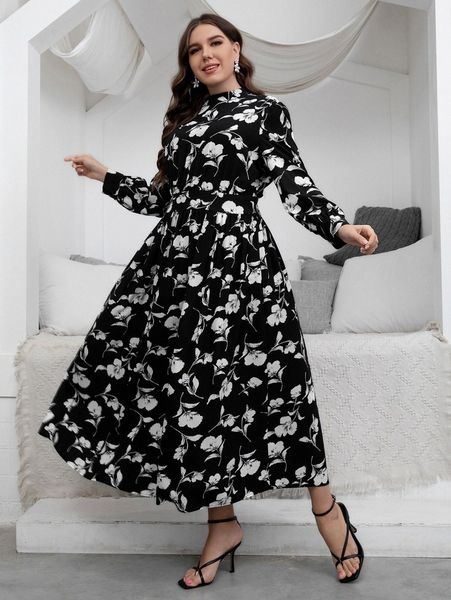 plus floral print mock neck dress a14d#, Black