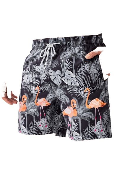 men flamingo & tropical print drawstring waist swim trunks b3y9#, White;black
