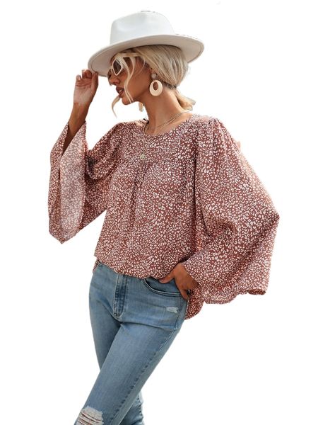 allover print trumpet sleeve blouse g0h0#, White
allover print trumpet sleeve blouse g0h0#, White