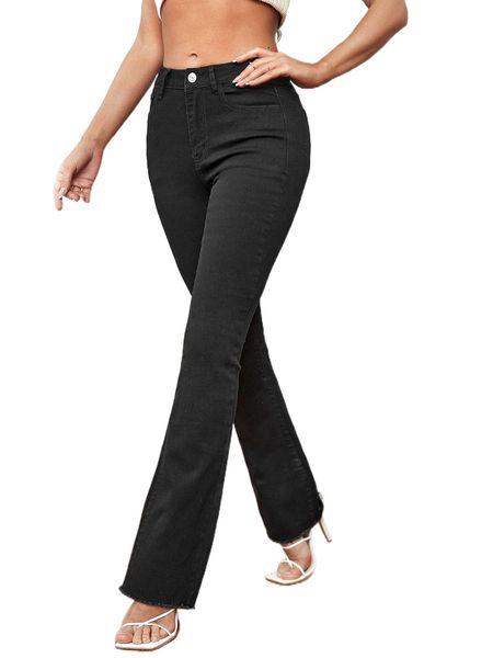 single button raw hem flare leg jeans 6764#, Blue
single button raw hem flare leg jeans 6764#, Blue