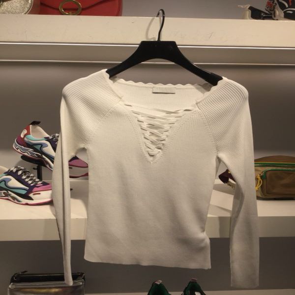 women's polos autumn winter wave neckline lace woven bandage long sleeved sweater, White
women's polos autumn winter wave neckline lace woven bandage long sleeved sweater, White